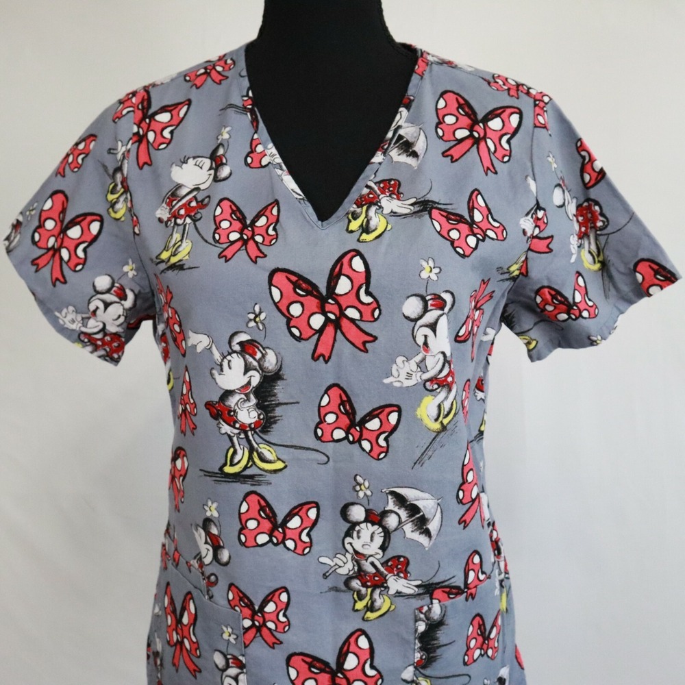 Disney Scrub Top Womens XS Minnie Mouse Medical Uniform V-Neck Gray Short Sleeve - Picture 5 of 8